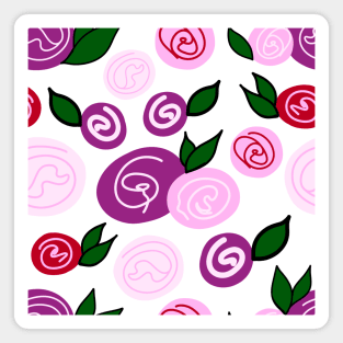 Floral Pink and Red Swirl Rose Berries and Leaves Pattern on White Backdrop, made by EndlessEmporium Magnet